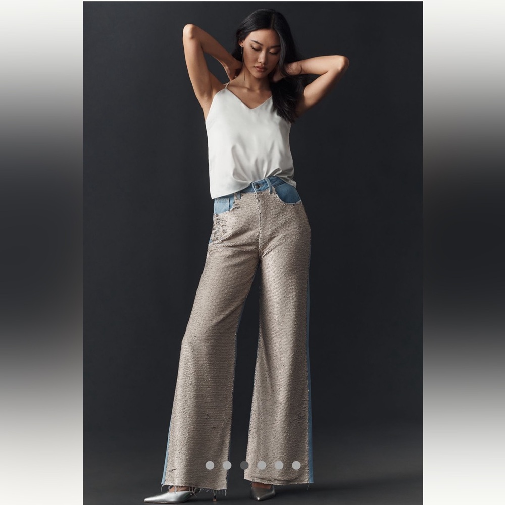 NWT-Anthropologie Pilcro Sequin  Blue and Cream Wide leg jeans